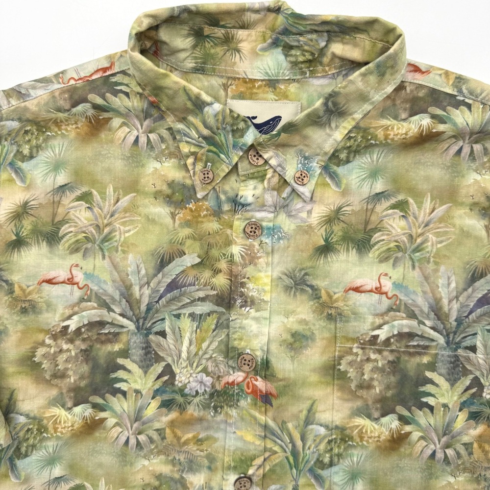 Yiume Button Down Shirt Men XXL Green Flamingo Tropical Short Sleeve 100% Cotton
